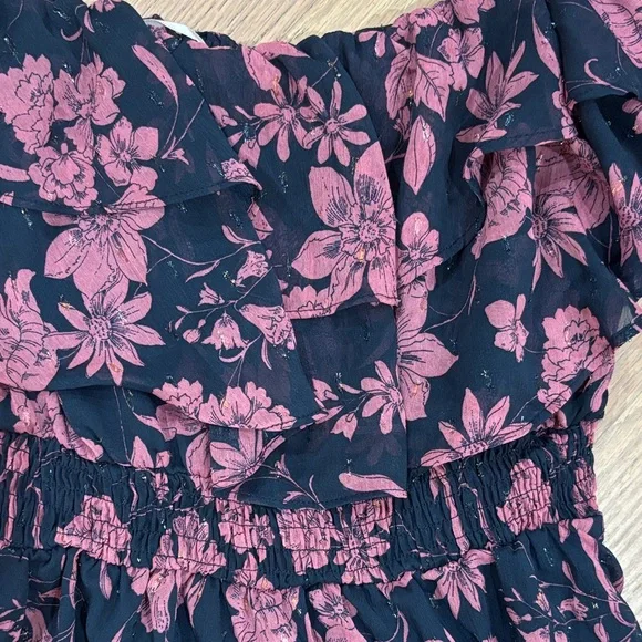 Lulu's Pink Floral Off Shoulder Ruffle Lurex Maxi Dress M - Picture 4 of 9